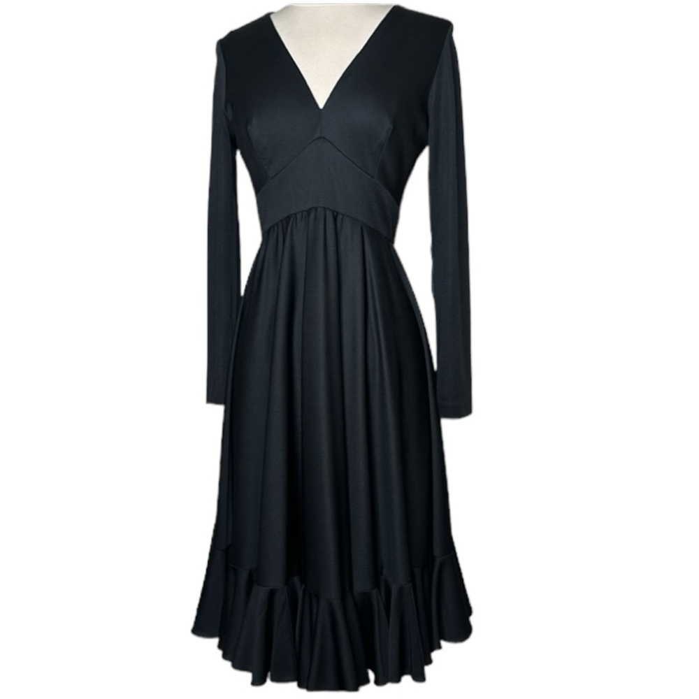 VTG 70’s Cirrette Dress Black Sz S Deep V Disco 80s Ruffle Hem Poly Knit Sm MINT